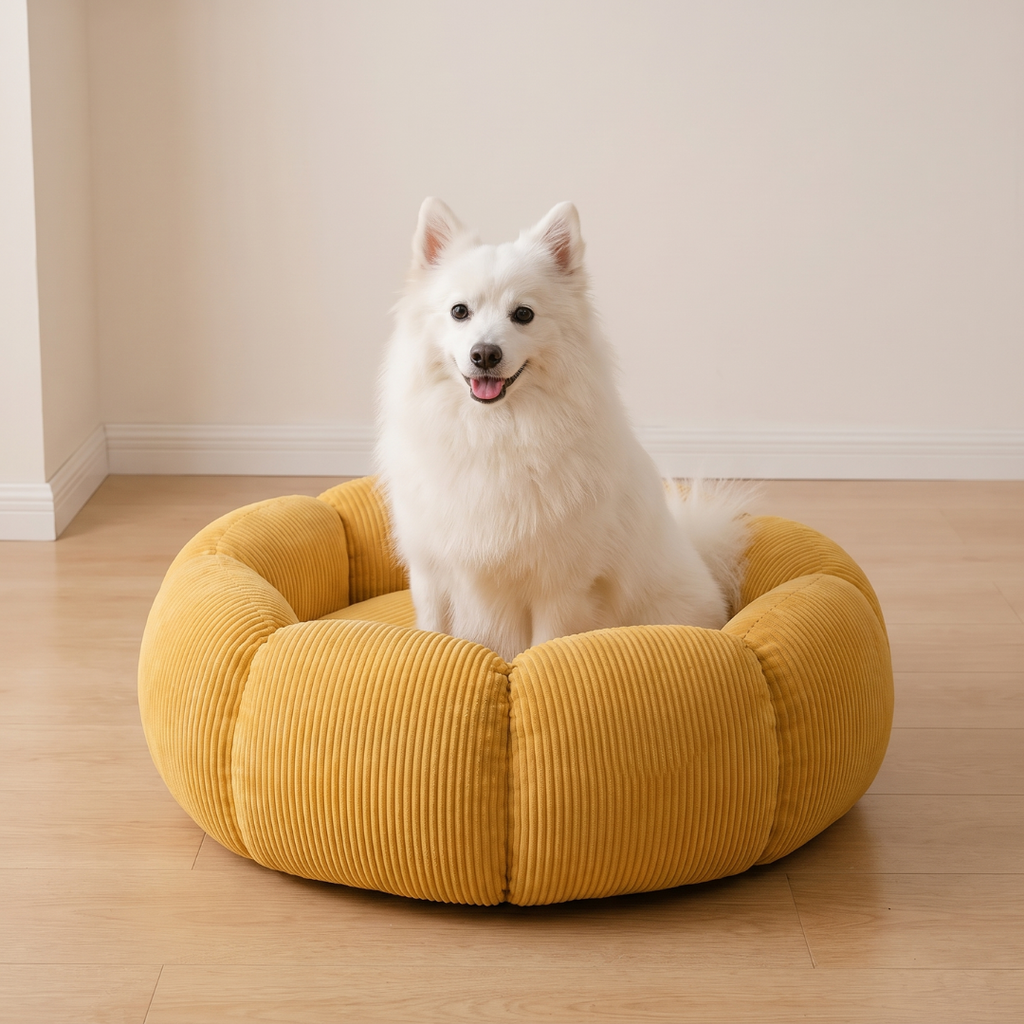 Segmented Corduroy Round Dog Bed with Pumpkin Shape