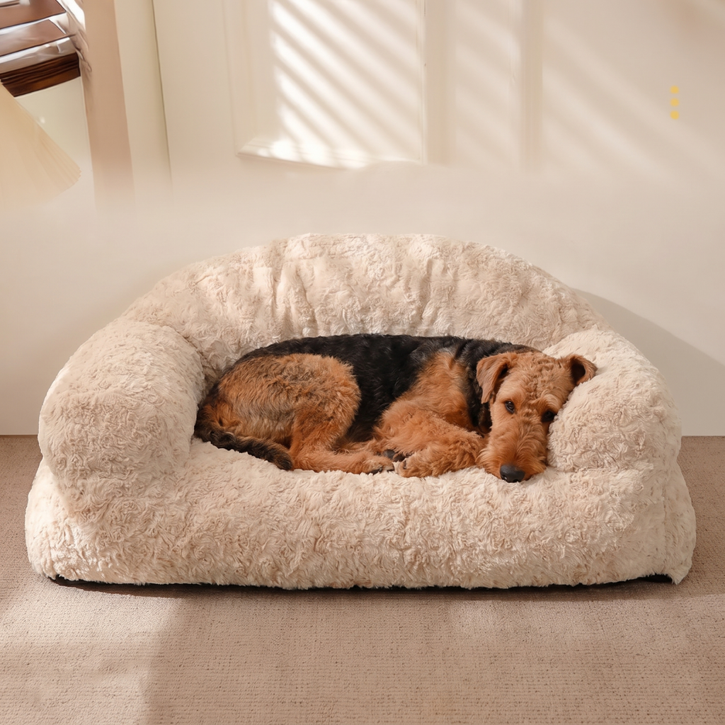 Sofa Style Shaggy Plush Dog Bed with Rolled Arms
