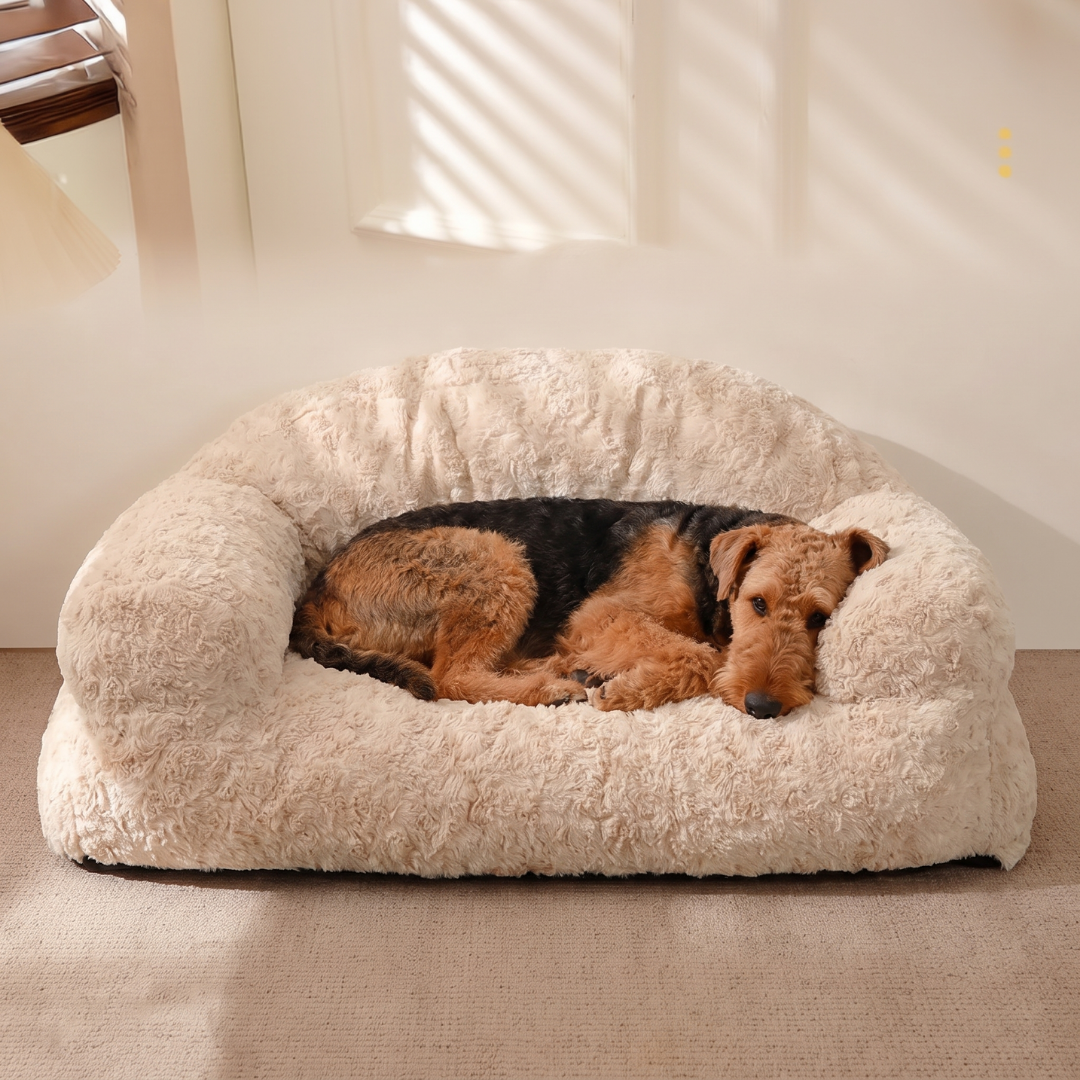 Sofa Style Shaggy Plush Dog Bed with Rolled Arms