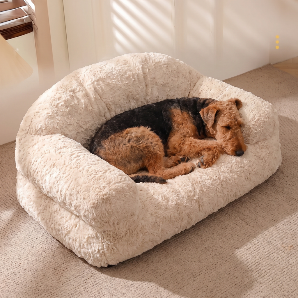 Sofa Style Shaggy Plush Dog Bed with Rolled Arms