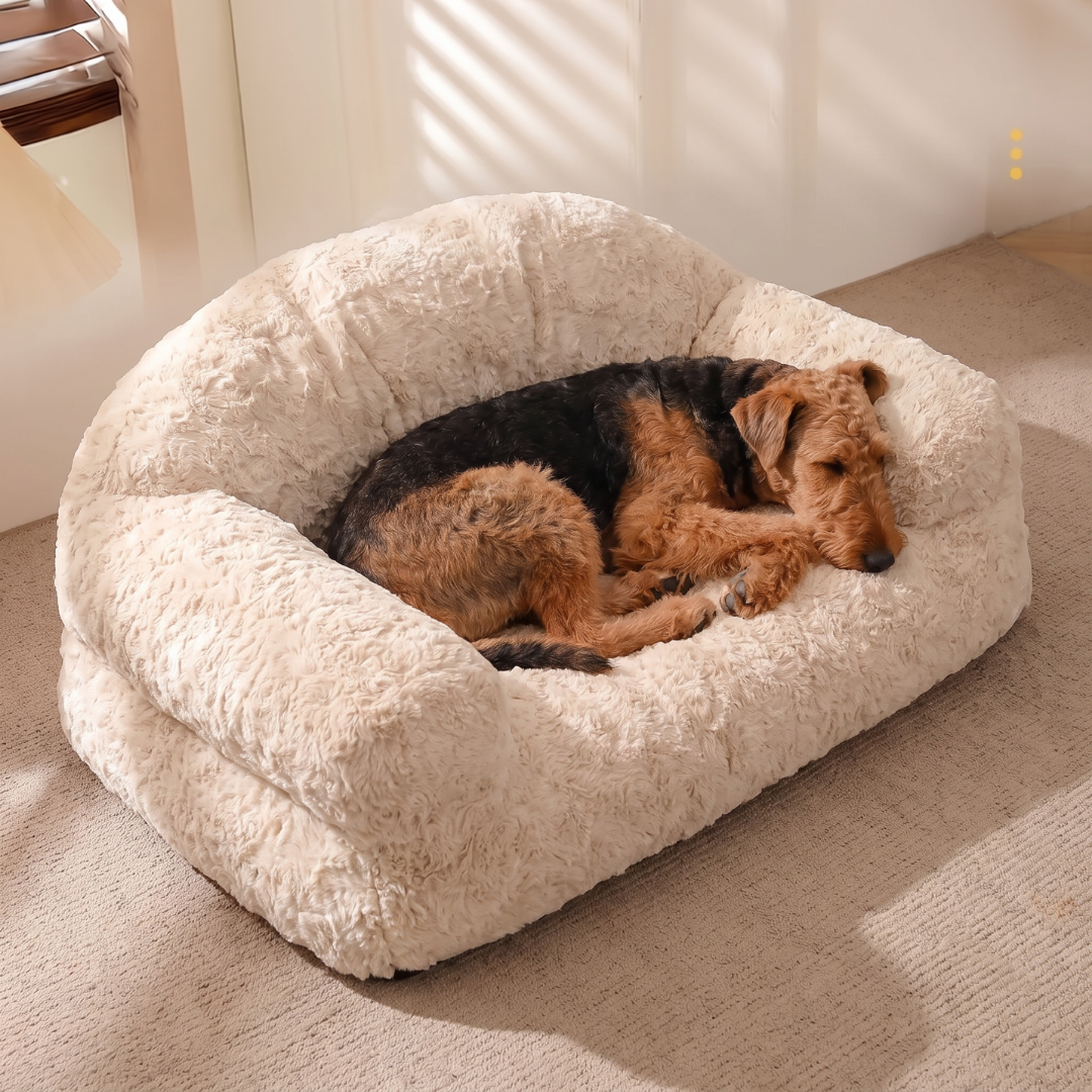 Sofa Style Shaggy Plush Dog Bed with Rolled Arms