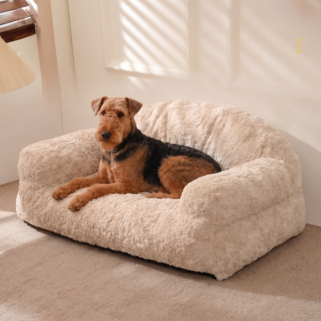 Sofa Style Shaggy Plush Dog Bed with Rolled Arms