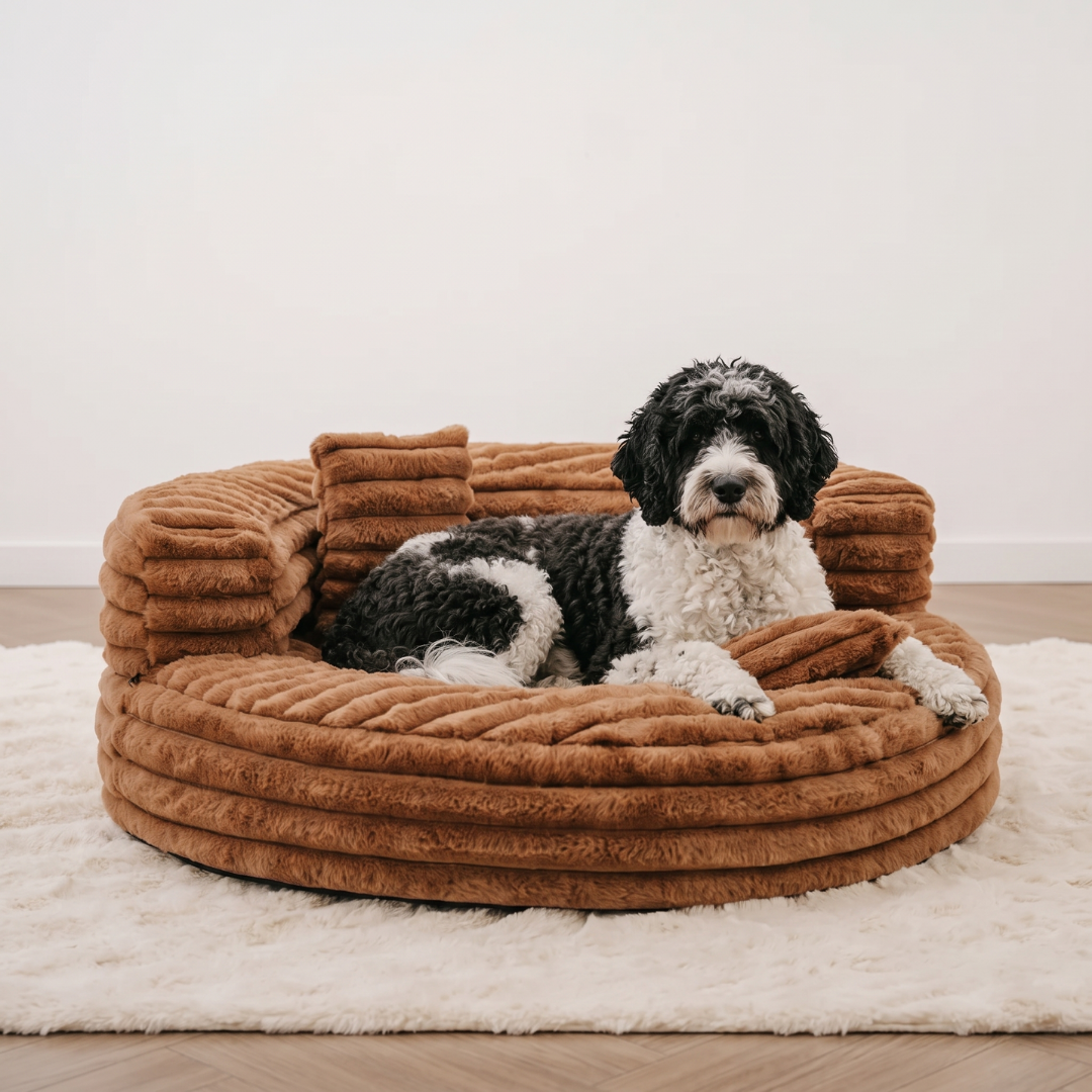 Round Corduroy Dog Bed with Layered Bolster Ring