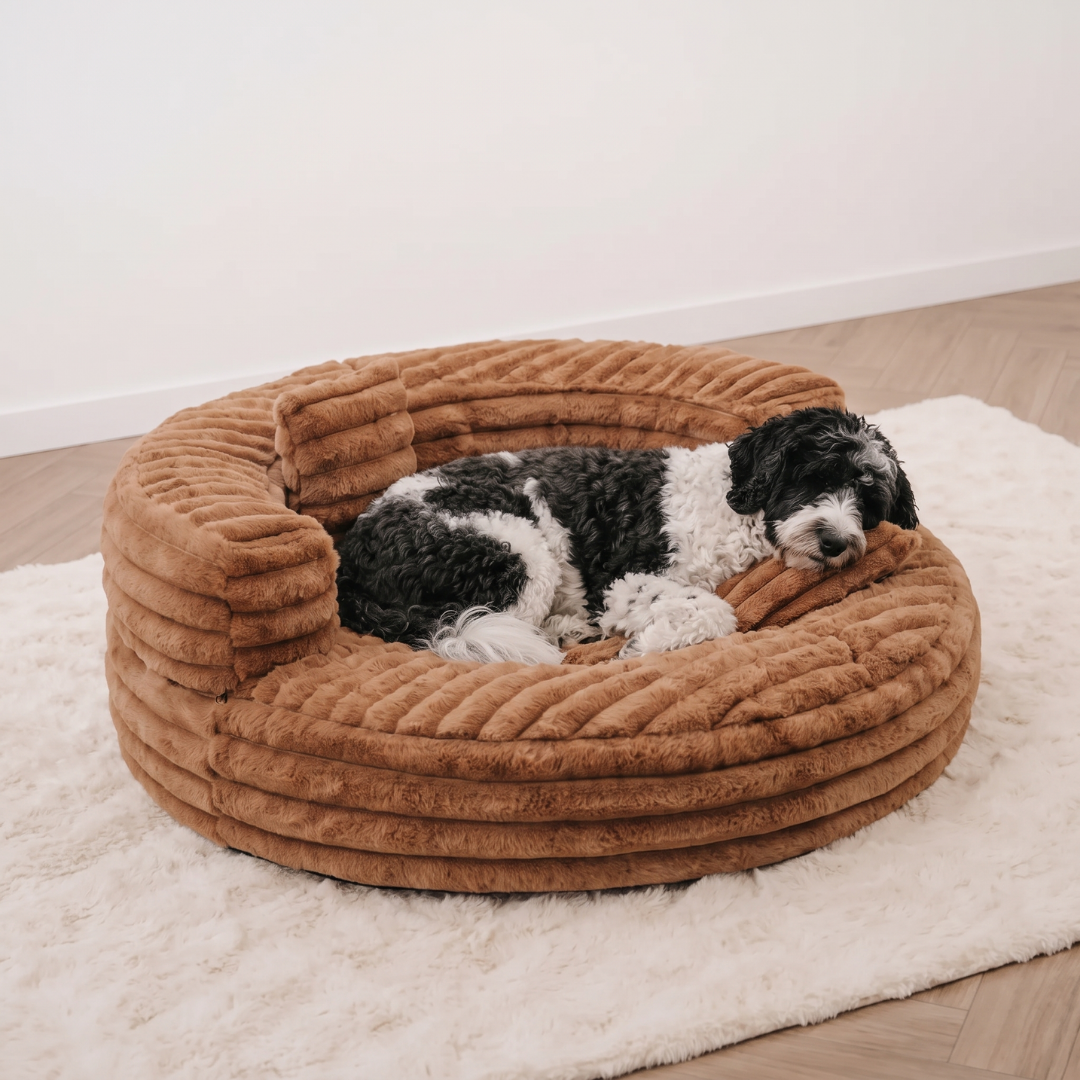 Round Corduroy Dog Bed with Layered Bolster Ring