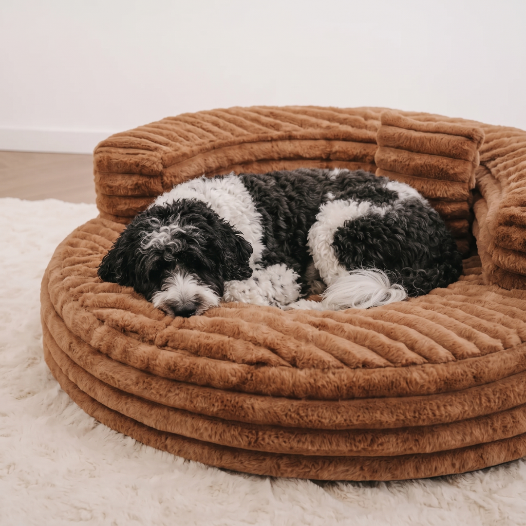 Round Corduroy Dog Bed with Layered Bolster Ring