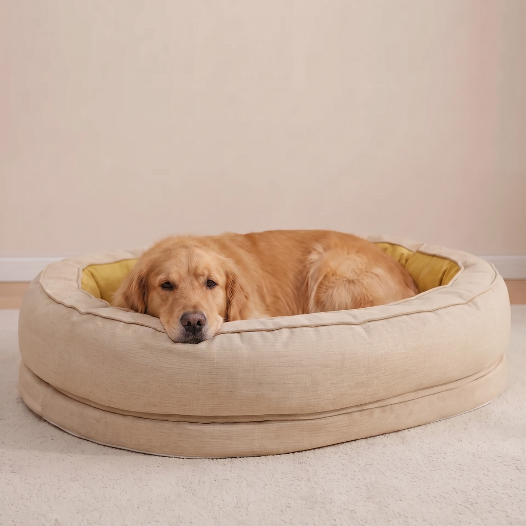 Linen Look Oval Bolster Dog Bed with Velvet Interior