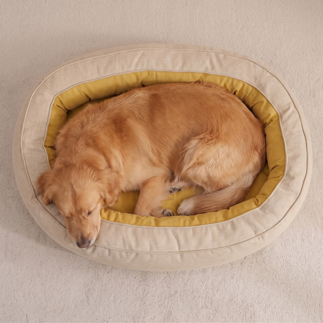 Linen Look Oval Bolster Dog Bed with Velvet Interior