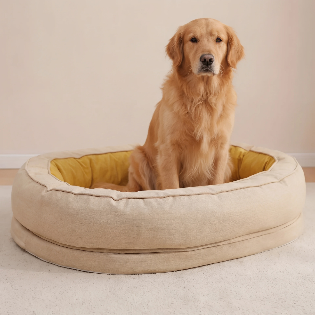 Linen Look Oval Bolster Dog Bed with Velvet Interior