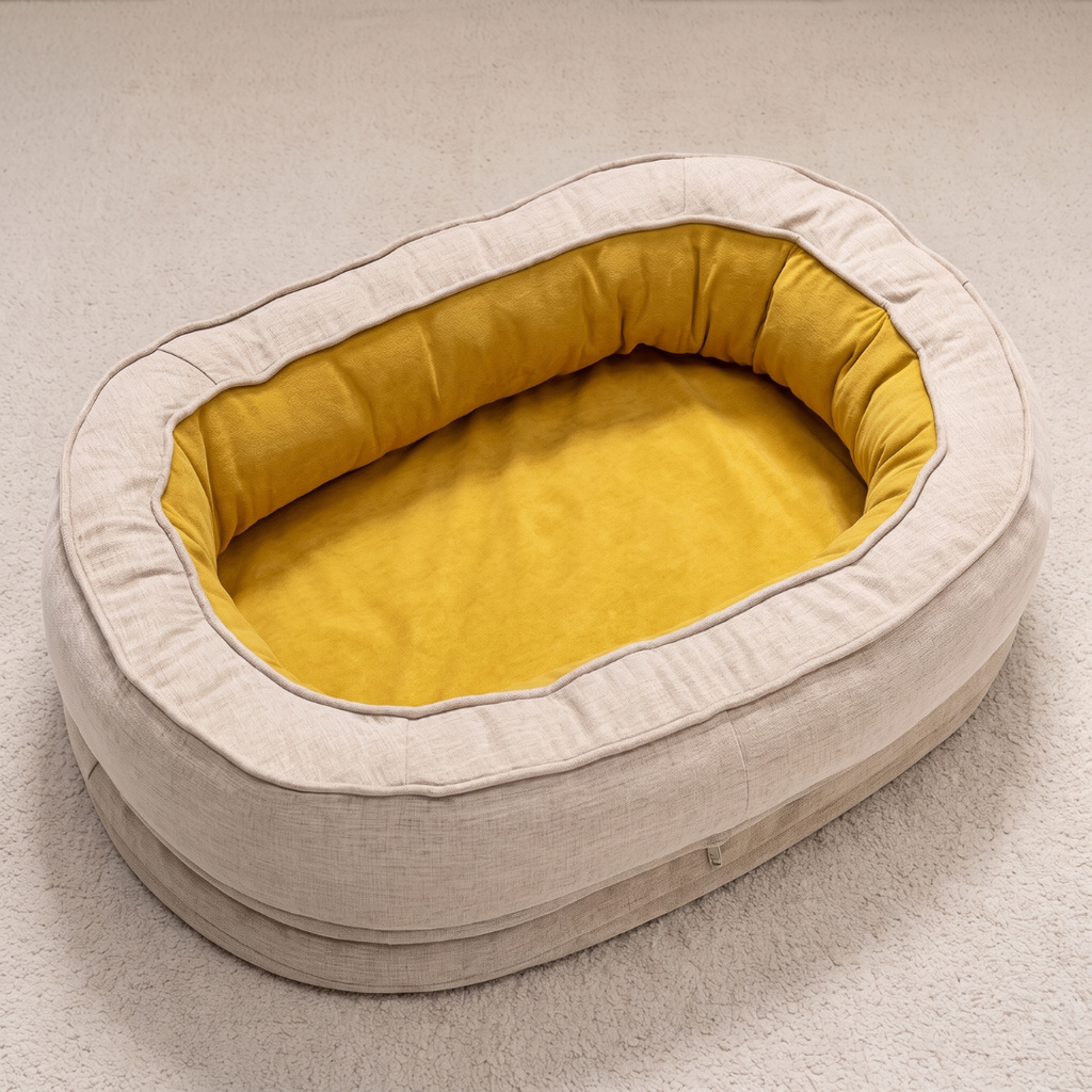 Linen Look Oval Bolster Dog Bed with Velvet Interior